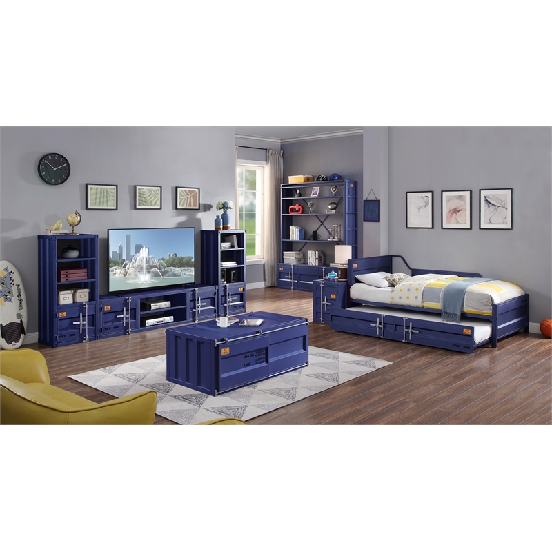 Bowery Hill Cargo Twin Metal Daybed with Roll-Out Trundle in Blue