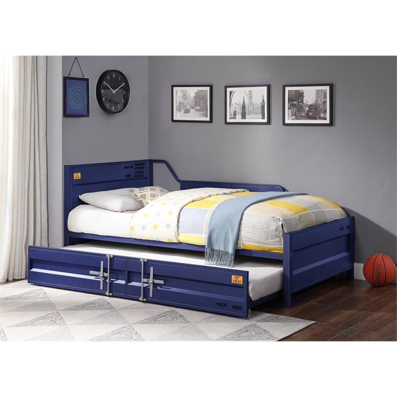 Bowery Hill Cargo Twin Metal Daybed with Roll-Out Trundle in Blue