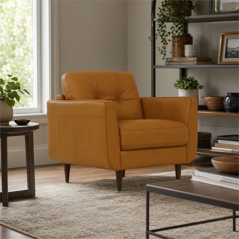 Bowery Hill Radwan Tufted Leather Accent Chair in Caramel with Tapered Legs
