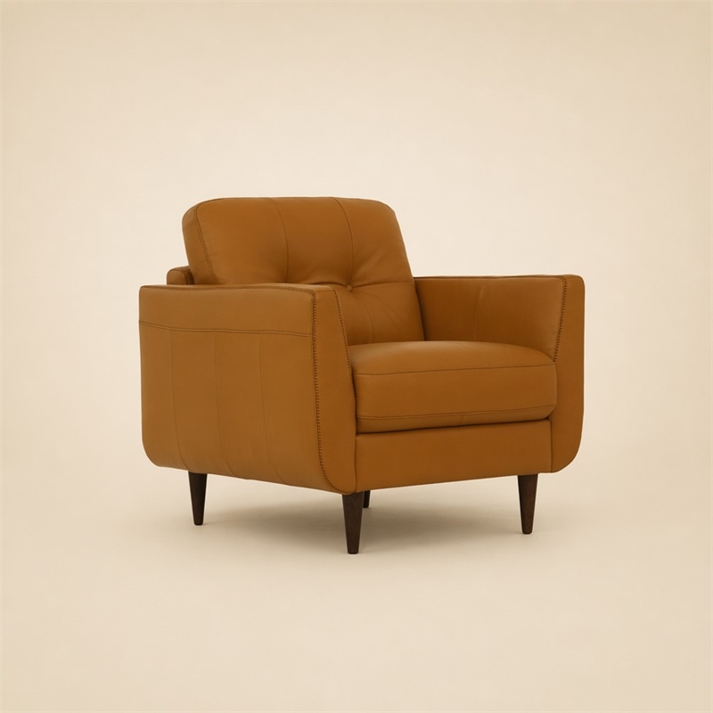 Bowery Hill Radwan Tufted Leather Accent Chair in Caramel with Tapered Legs