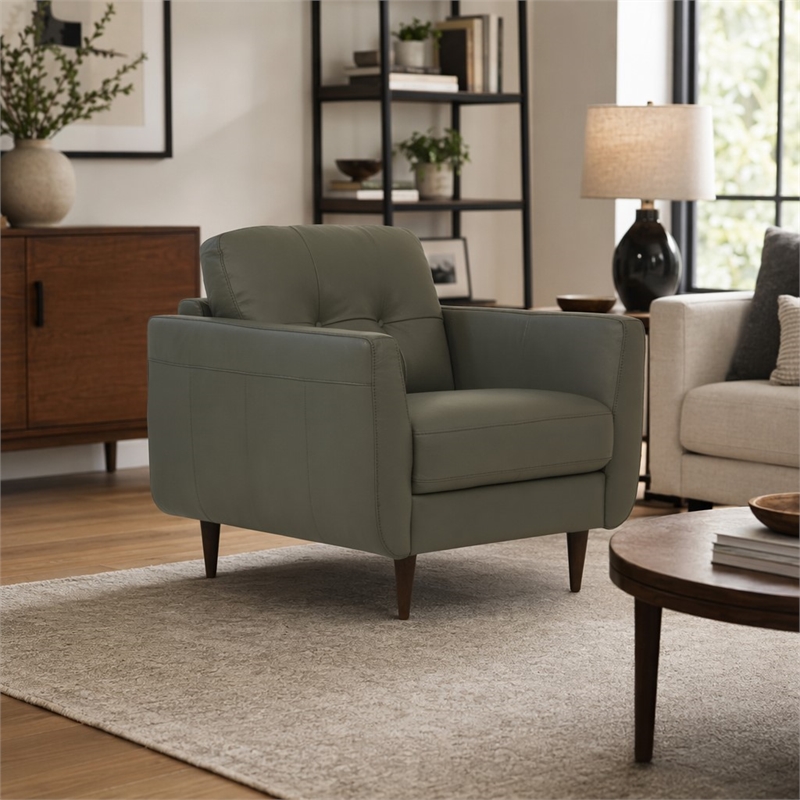 Bowery Hill Radwan Tufted Leather Accent Chair in Pesto Green with Tapered Legs