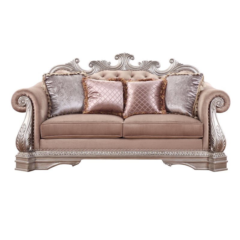 Bowery Hill Loveseat with Pillows in Velvet Upholstery and Antique Silver