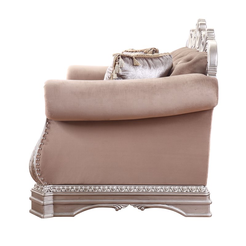 Bowery Hill Loveseat with Pillows in Velvet Upholstery and Antique Silver