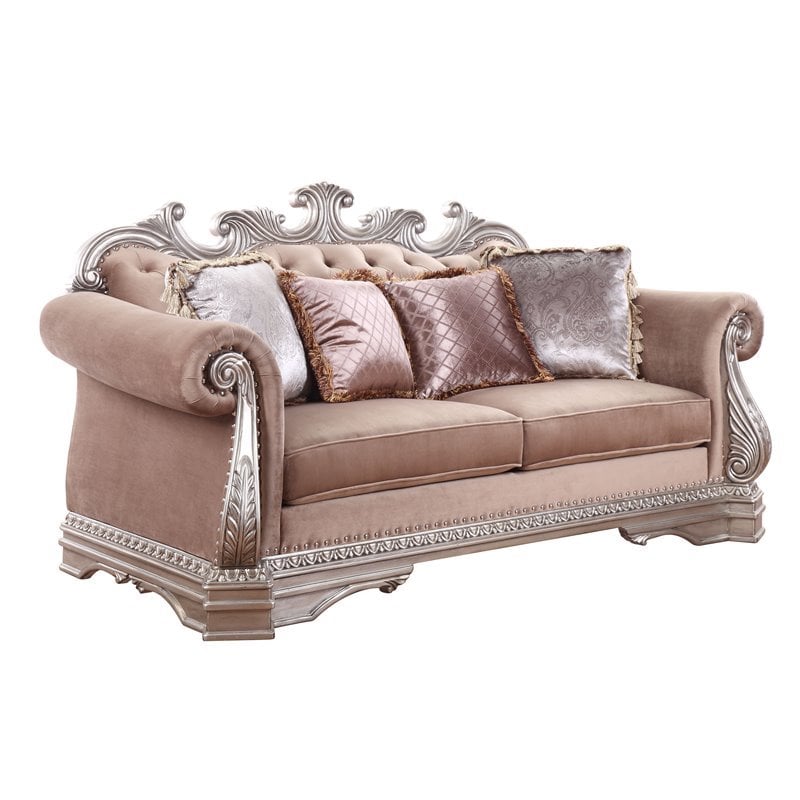 Bowery Hill Loveseat with Pillows in Velvet Upholstery and Antique Silver