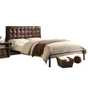 Bowery Hill Brancaster Tufted Leather Queen Bed in Vintage Brown Finish