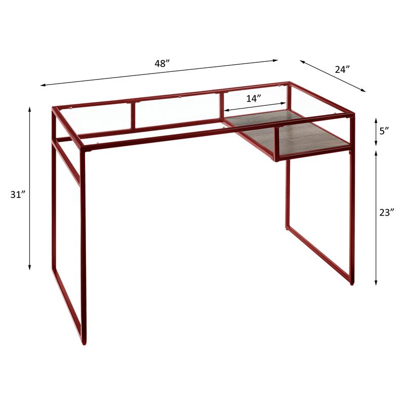 Bowery Hill Glass Rectangle Top Writing Desk with Shelf in Red