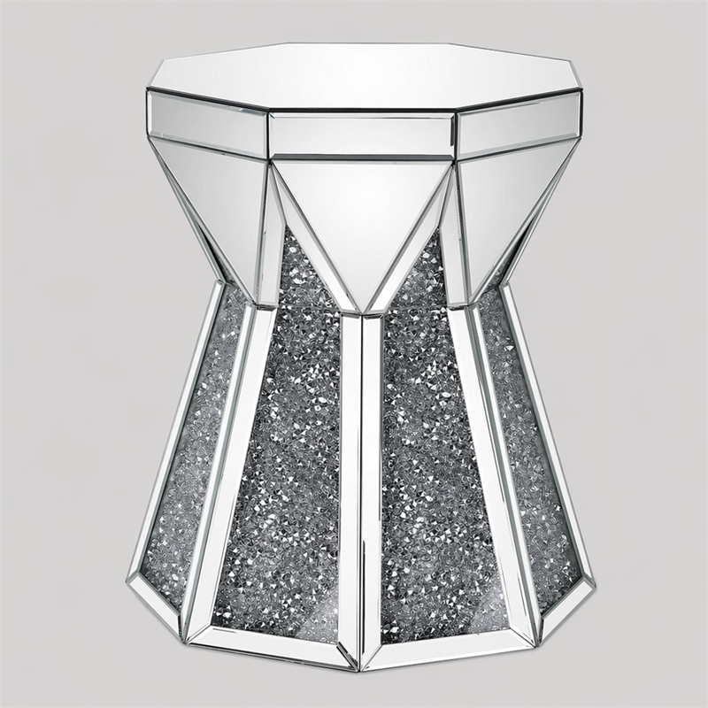 Bowery Hill Glass Top End Table with Mirrored Faux Diamond Base