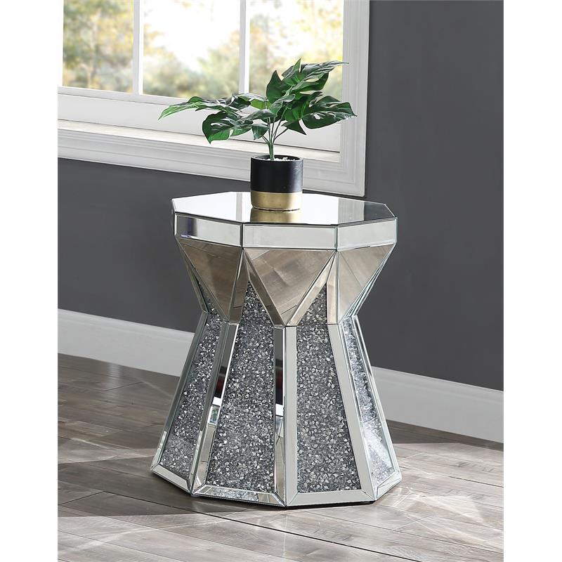 Bowery Hill Glass Top End Table with Mirrored Faux Diamond Base