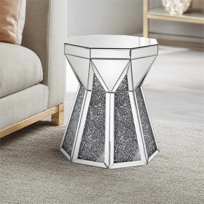 Bowery Hill Glass Top End Table with Mirrored Faux Diamond Base