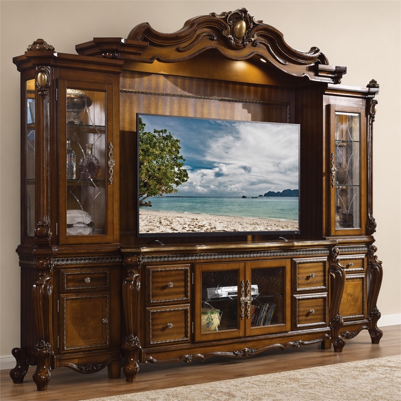 Bowery Hill Entertainment Center in Honey Oak Wood and Poly-Resin