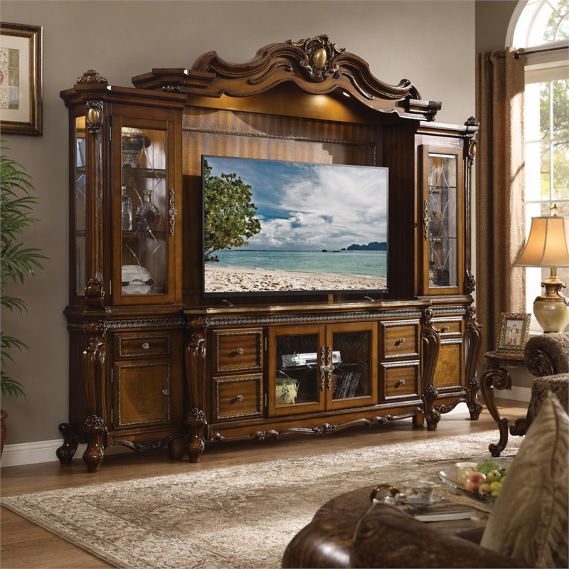Bowery Hill Entertainment Center in Honey Oak Wood and Poly-Resin