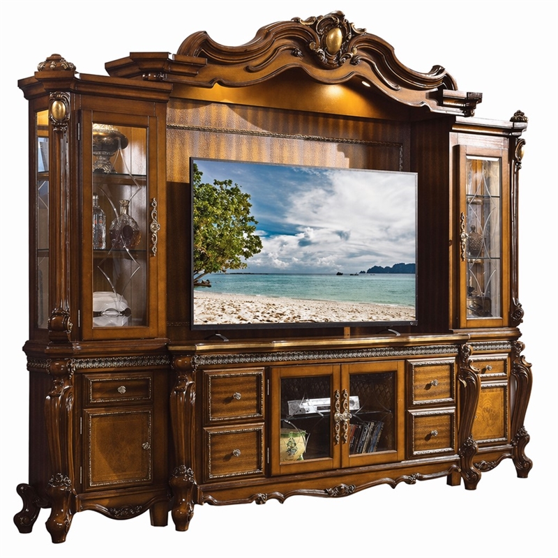 Bowery Hill Entertainment Center in Honey Oak Wood and Poly-Resin