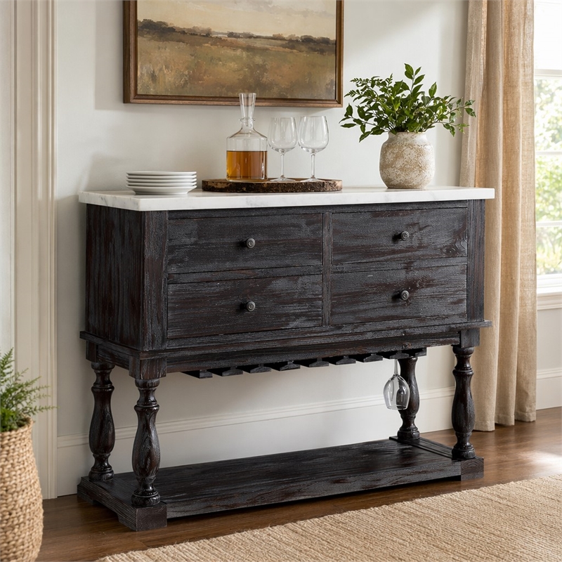 Bowery Hill 4-Drawer Marble Top Server in White and Weathered Espresso