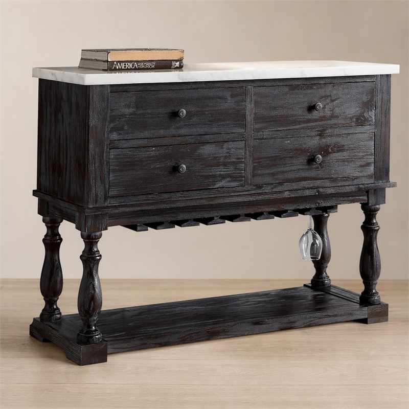 Bowery Hill 4-Drawer Marble Top Server in White and Weathered Espresso