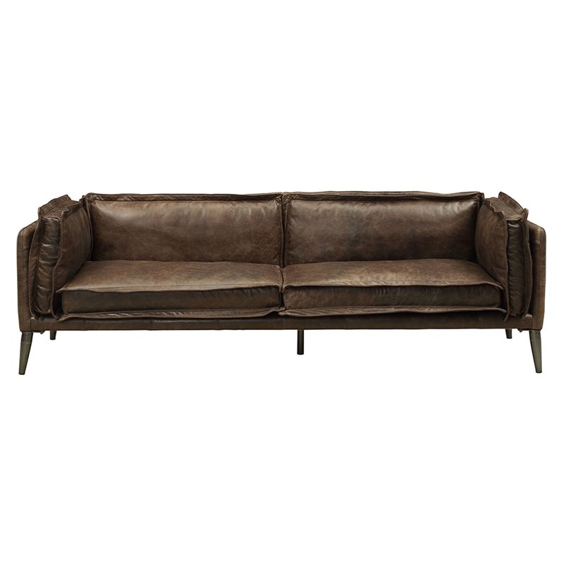 Bowery Hill Distress Chocolate Leather Sofa with Wooden Legs