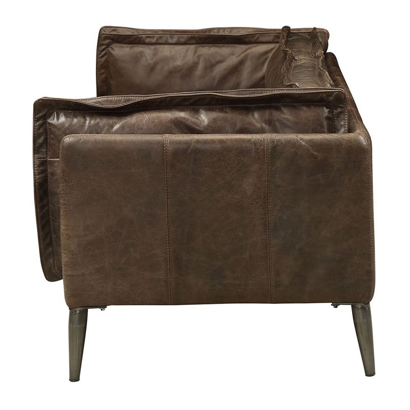 Bowery Hill Distress Chocolate Leather Sofa with Wooden Legs