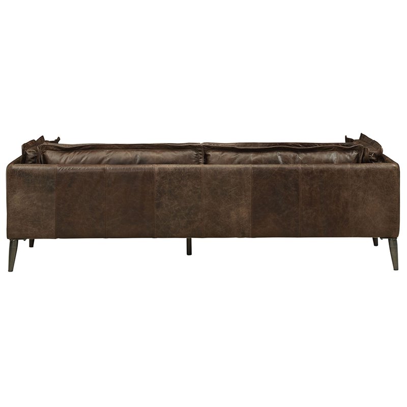 Bowery Hill Distress Chocolate Leather Sofa with Wooden Legs