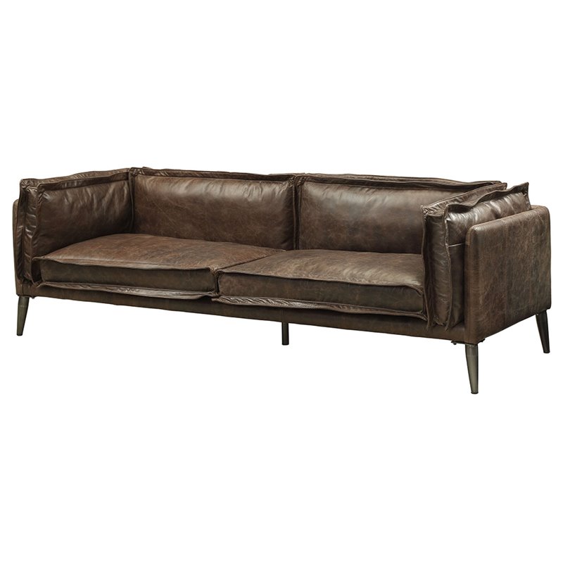 Bowery Hill Distress Chocolate Leather Sofa with Wooden Legs