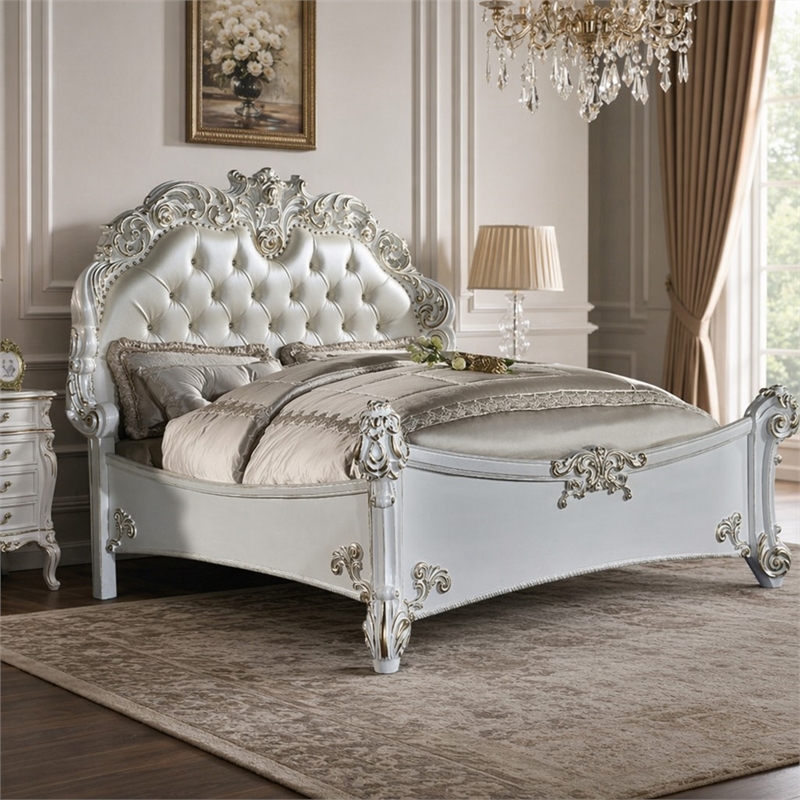 Bowery Hill Leather Upholstered Tufted California King Bed in Cream Pearl Finish