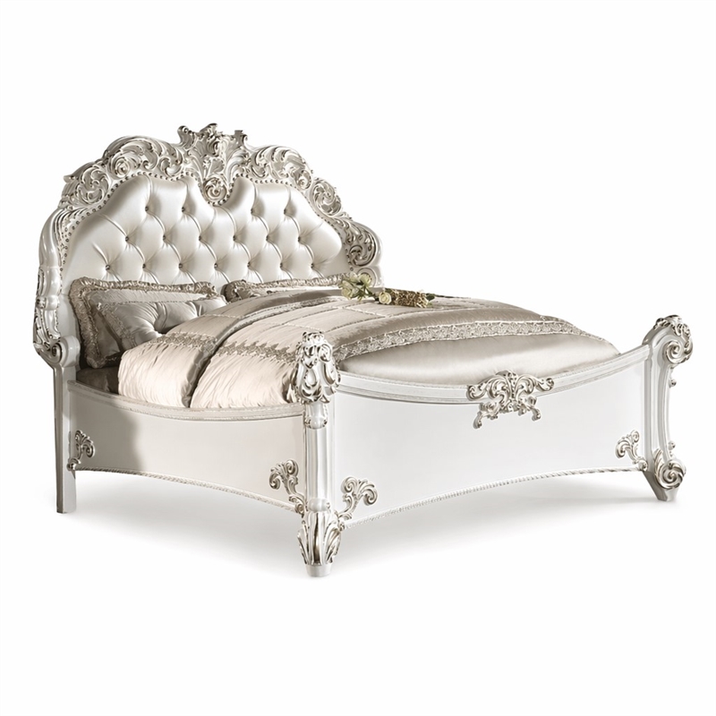 Bowery Hill Leather Upholstered Tufted California King Bed in Cream Pearl Finish
