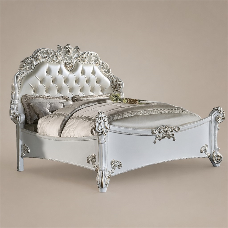 Bowery Hill Leather Upholstered Tufted California King Bed in Cream Pearl Finish