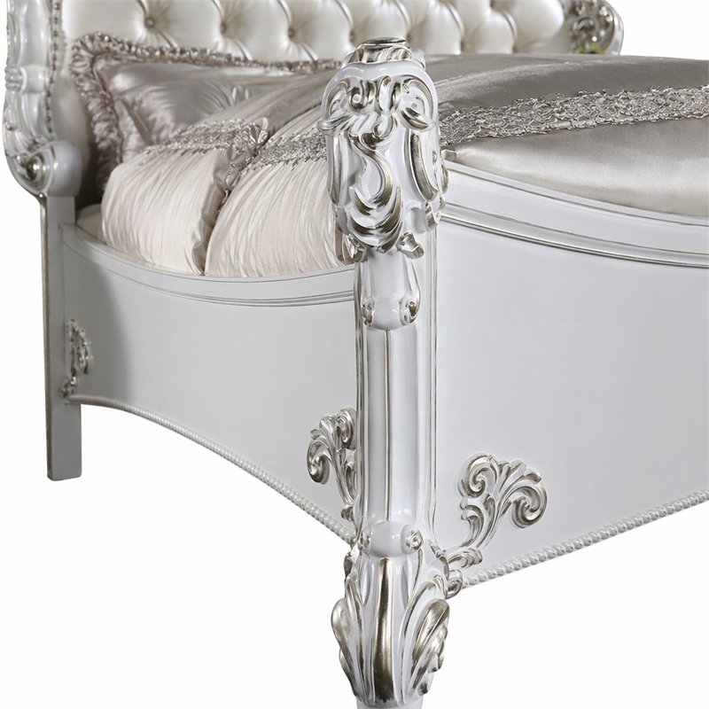 Bowery Hill Leather Upholstered Tufted California King Bed in Cream Pearl Finish