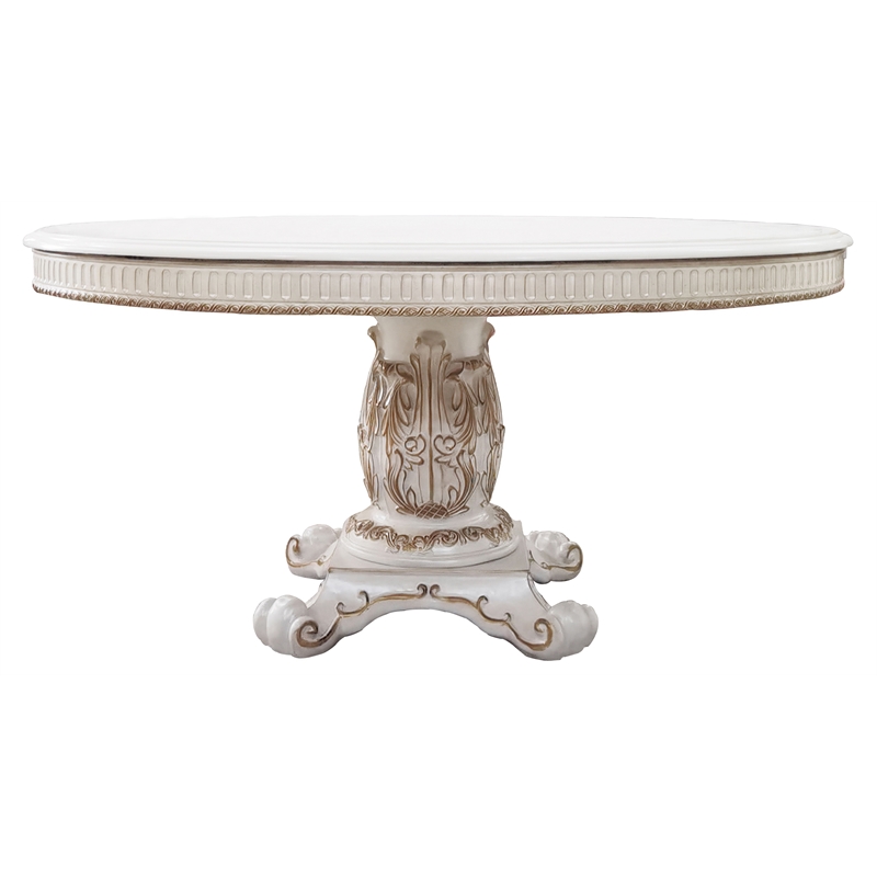 Bowery Hill Round Wooden Pedestal Dining Table in Antique Pearl Finish