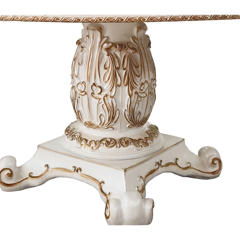 Bowery Hill Round Wooden Pedestal Dining Table in Antique Pearl Finish
