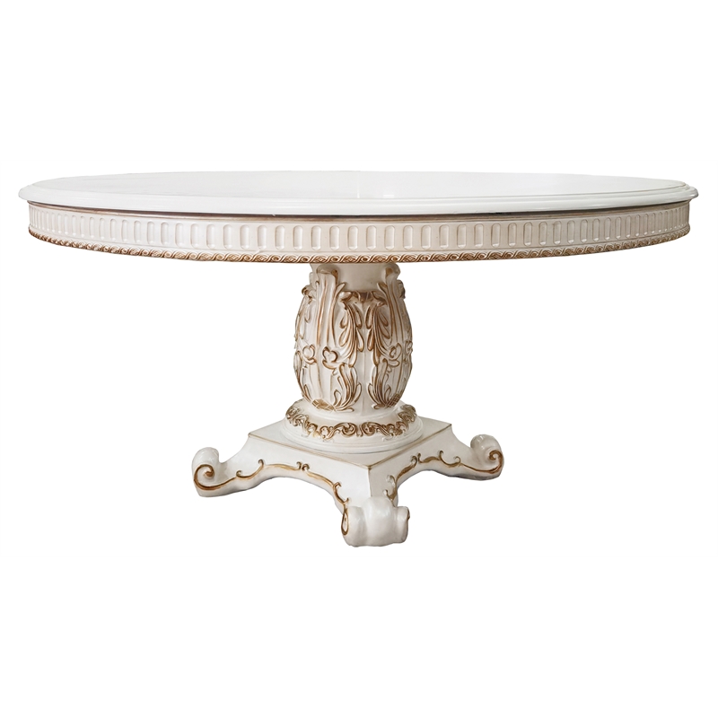 Bowery Hill Round Wooden Pedestal Dining Table in Antique Pearl Finish