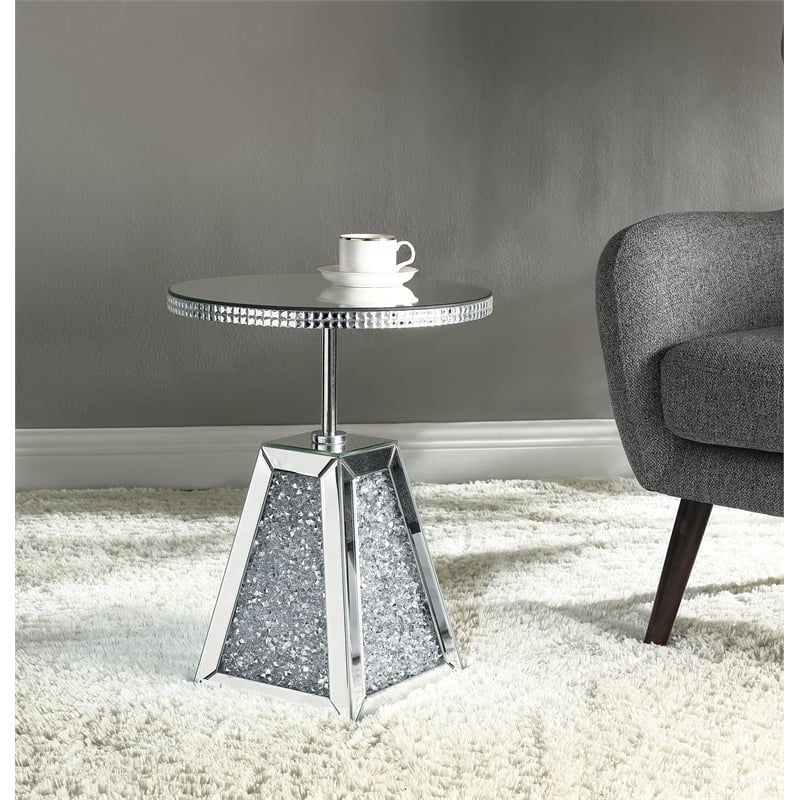 Bowery Hill Round Glass Side Table with Mirrored Pedestal Base