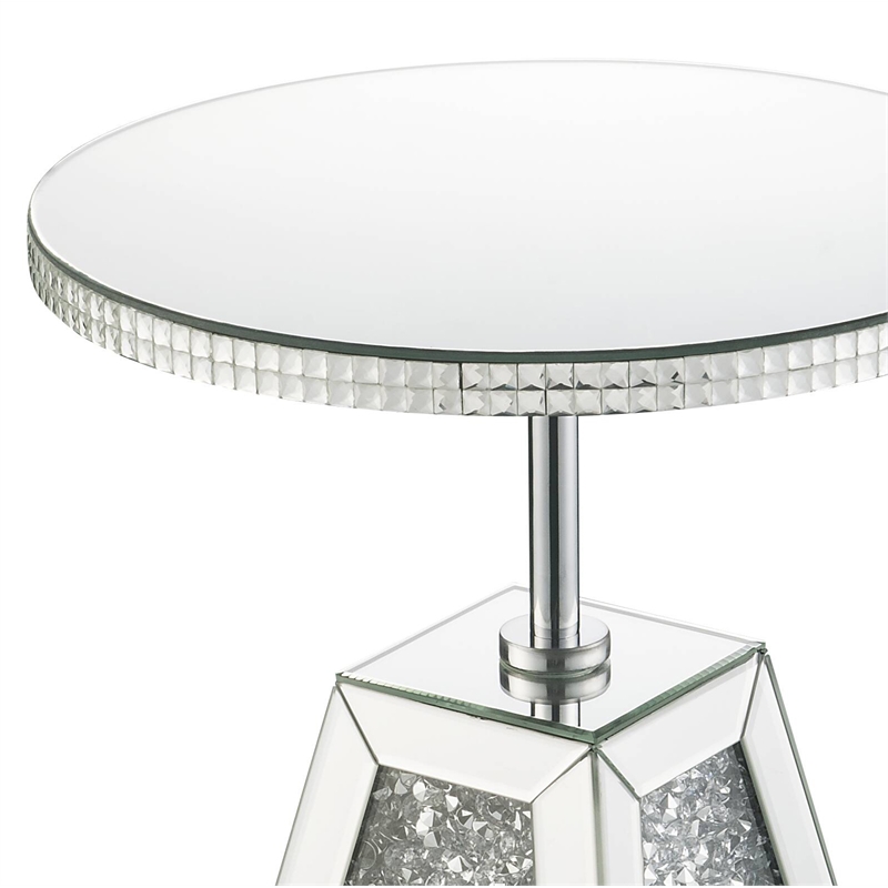 Bowery Hill Round Glass Side Table with Mirrored Pedestal Base