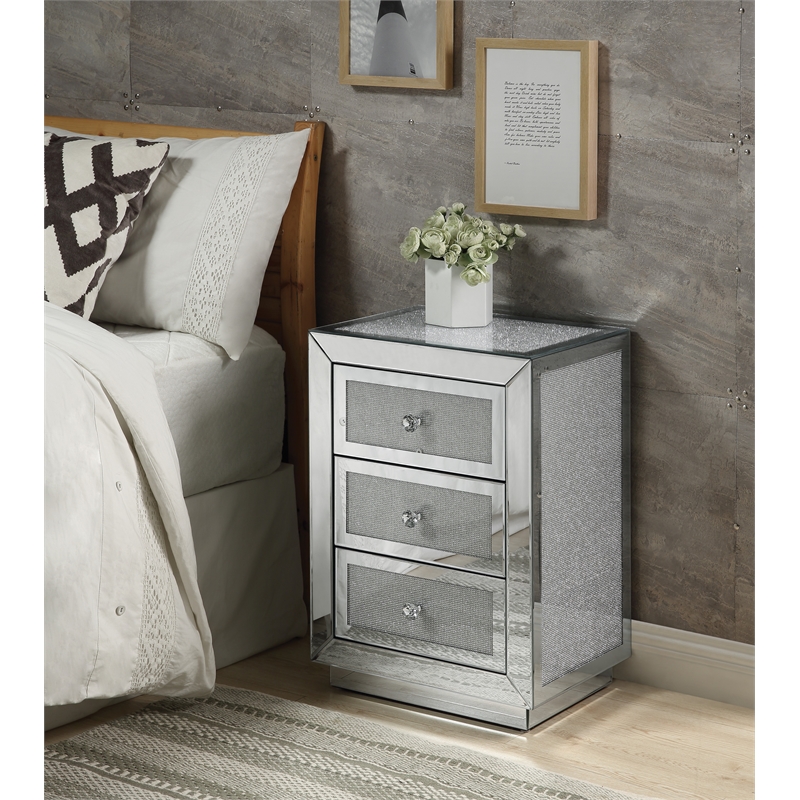 Bowery Hill 3-Drawer Glass Nightstand with Mirrored Beveled Frame