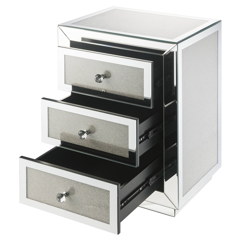 Bowery Hill 3-Drawer Glass Nightstand with Mirrored Beveled Frame