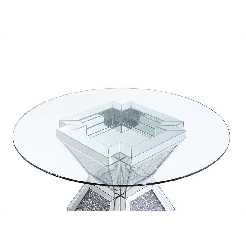 Bowery Hill Round Glass Dining Table with Mirrored Faux Diamond Base