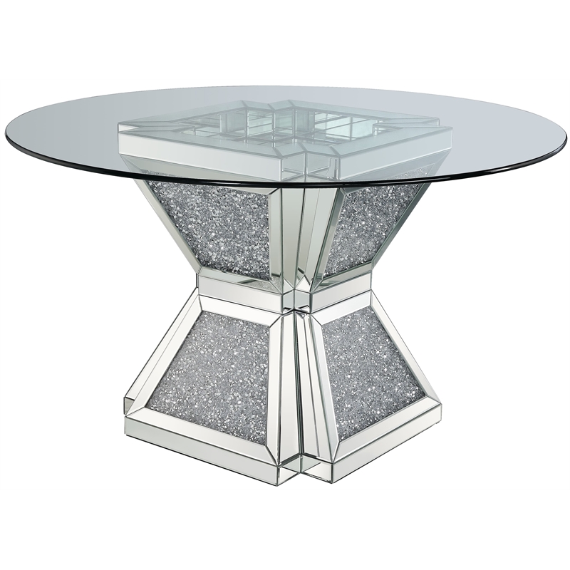 Bowery Hill Round Glass Dining Table with Mirrored Faux Diamond Base