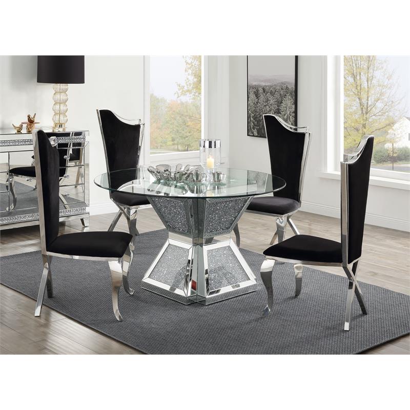 Bowery Hill Round Glass Dining Table with Mirrored Faux Diamond Base