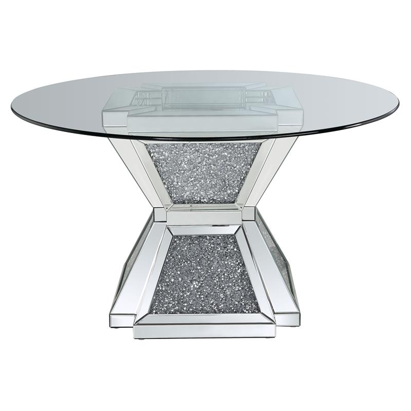 Bowery Hill Round Glass Dining Table with Mirrored Faux Diamond Base