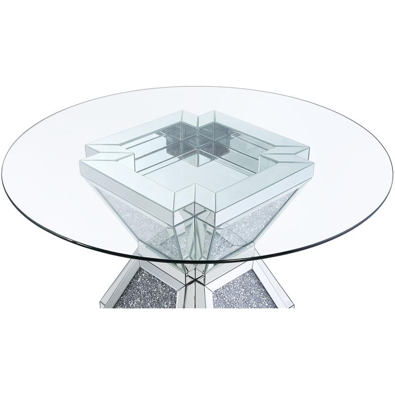 Bowery Hill Round Glass Dining Table with Mirrored Faux Diamond Base