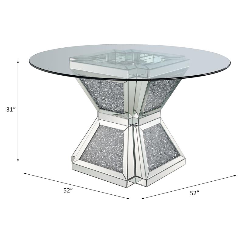 Bowery Hill Round Glass Dining Table with Mirrored Faux Diamond Base