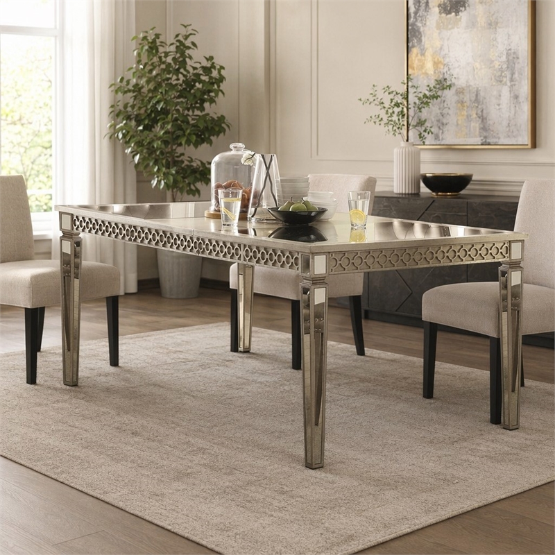 Bowery Hill Extendable Dining Table in Champagne with Mirror Insert
