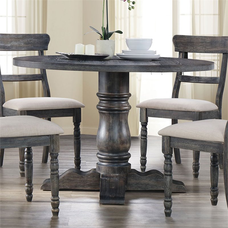 Bowery Hill 47 in Round Pedestal Dining Table in Weathered Gray Wood