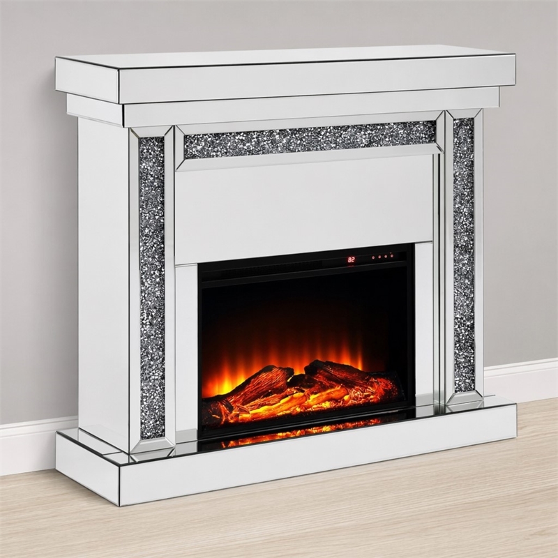 Bowery Hill Fireplace with Mirrored Frame and Faux Diamonds Inlay