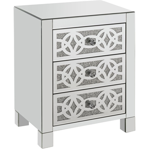 Bowery Hill Glass Accent Table with 3 Drawers in Mirrored Faux Diamonds