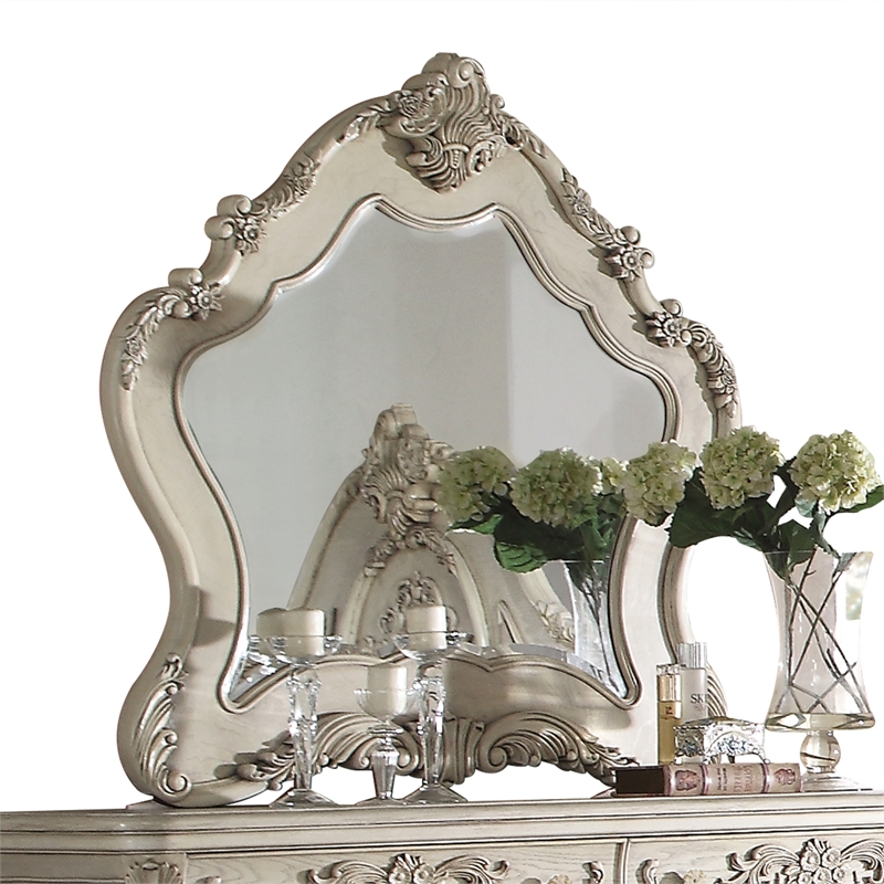 Bowery Hill Mirror with Arched Floral Frame in Antique White Finish