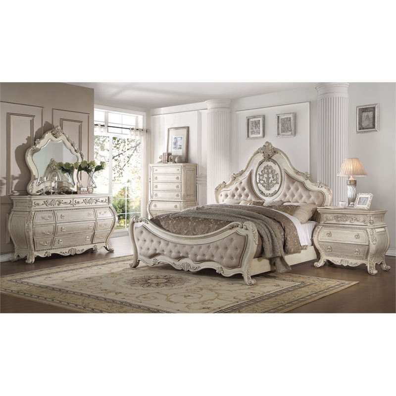 Bowery Hill Mirror with Arched Floral Frame in Antique White Finish