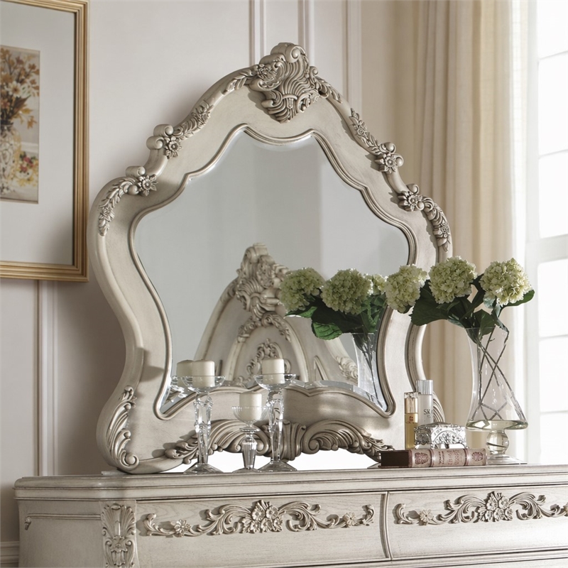 Bowery Hill Mirror with Arched Floral Frame in Antique White Finish