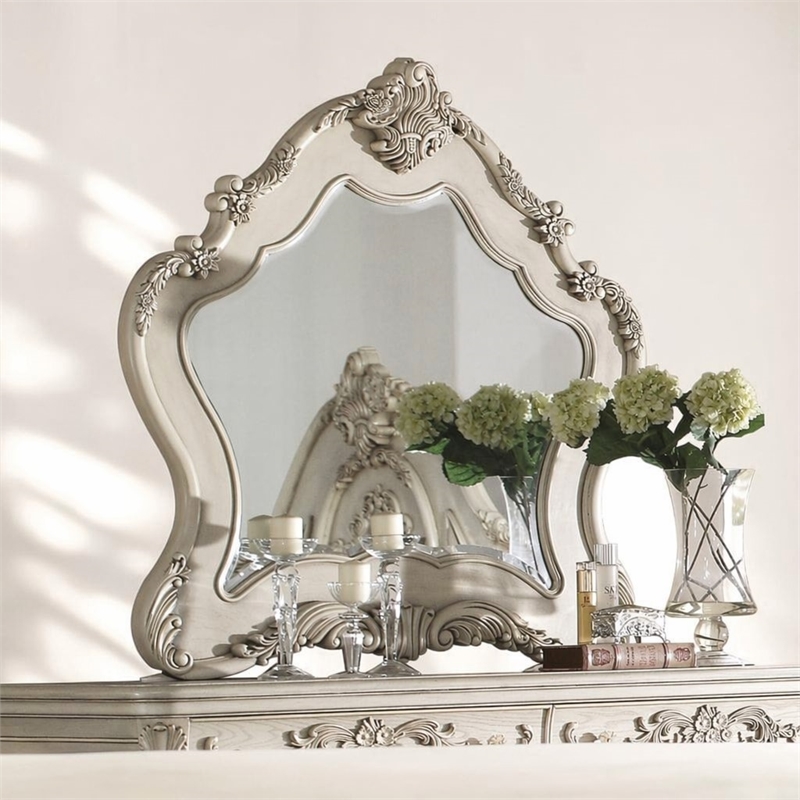 Bowery Hill Mirror with Arched Floral Frame in Antique White Finish