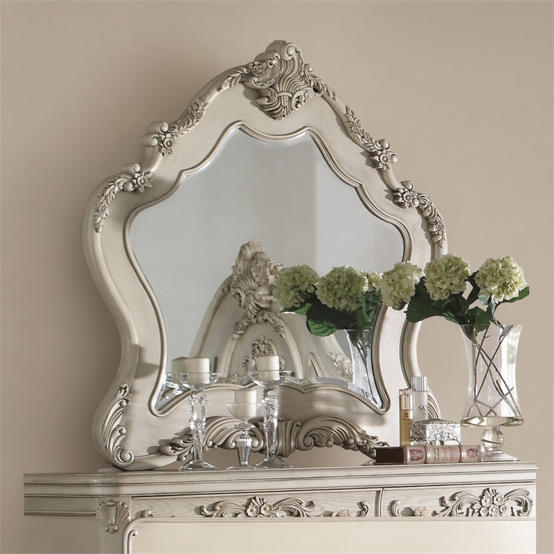 Bowery Hill Mirror with Arched Floral Frame in Antique White Finish