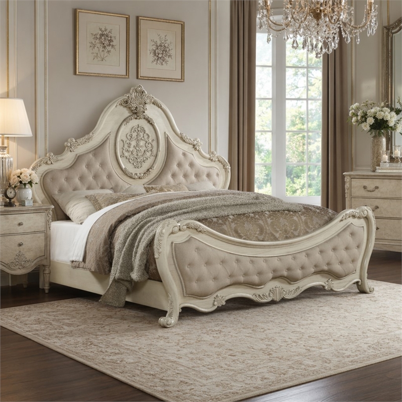 Bowery Hill Queen Bed in Beige Linen and Antique White
