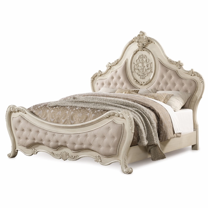 Bowery Hill Queen Bed in Beige Linen and Antique White